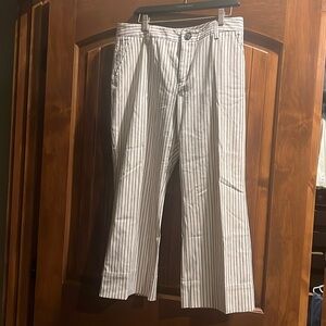 Cream CAbi pant with navy strip wide leg